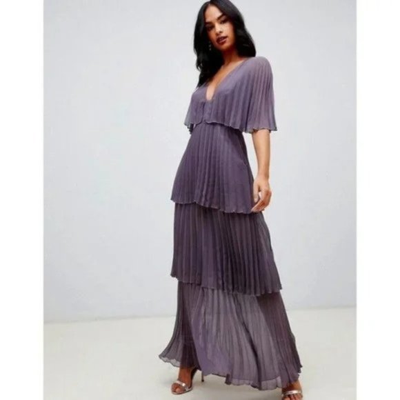 π₯SPECTACULARπ₯ Nordstrom Asos Soft Pleated Tiered Maxi Dress in Gray Lilac - Picture 10 of 10